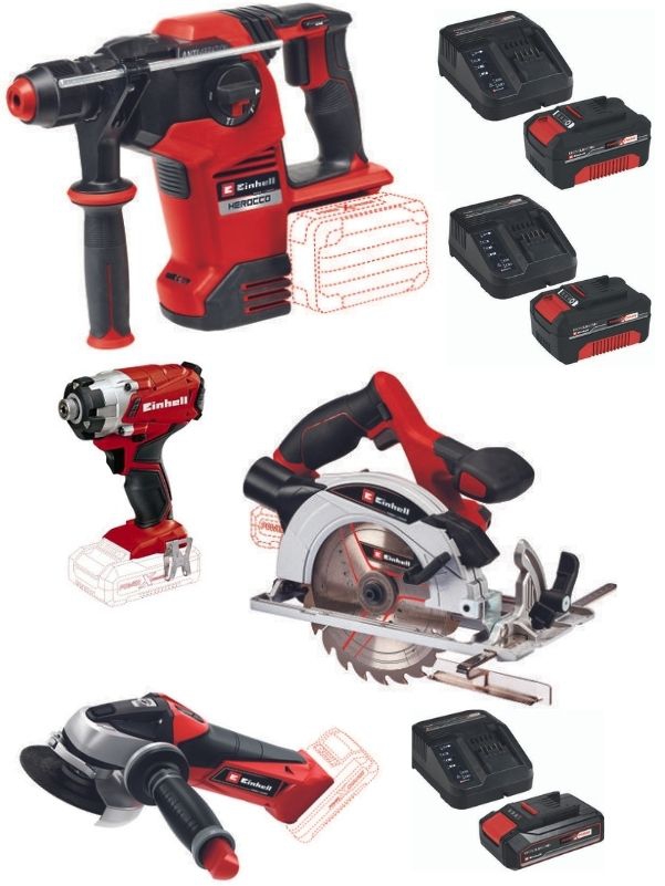 Einhell%20Herocco%2036/28%2036V%20Kırıcı%20Delici%20TE-CI%2018/1%20Torklu%20Darbeli%20Vidalama%20TE-AG%2018/115%20Avuç%20Taşlama%20TE-CS%2018/165/1%20Daire%20Testere%202X4.0+2.5ah%20Akülü%20Set